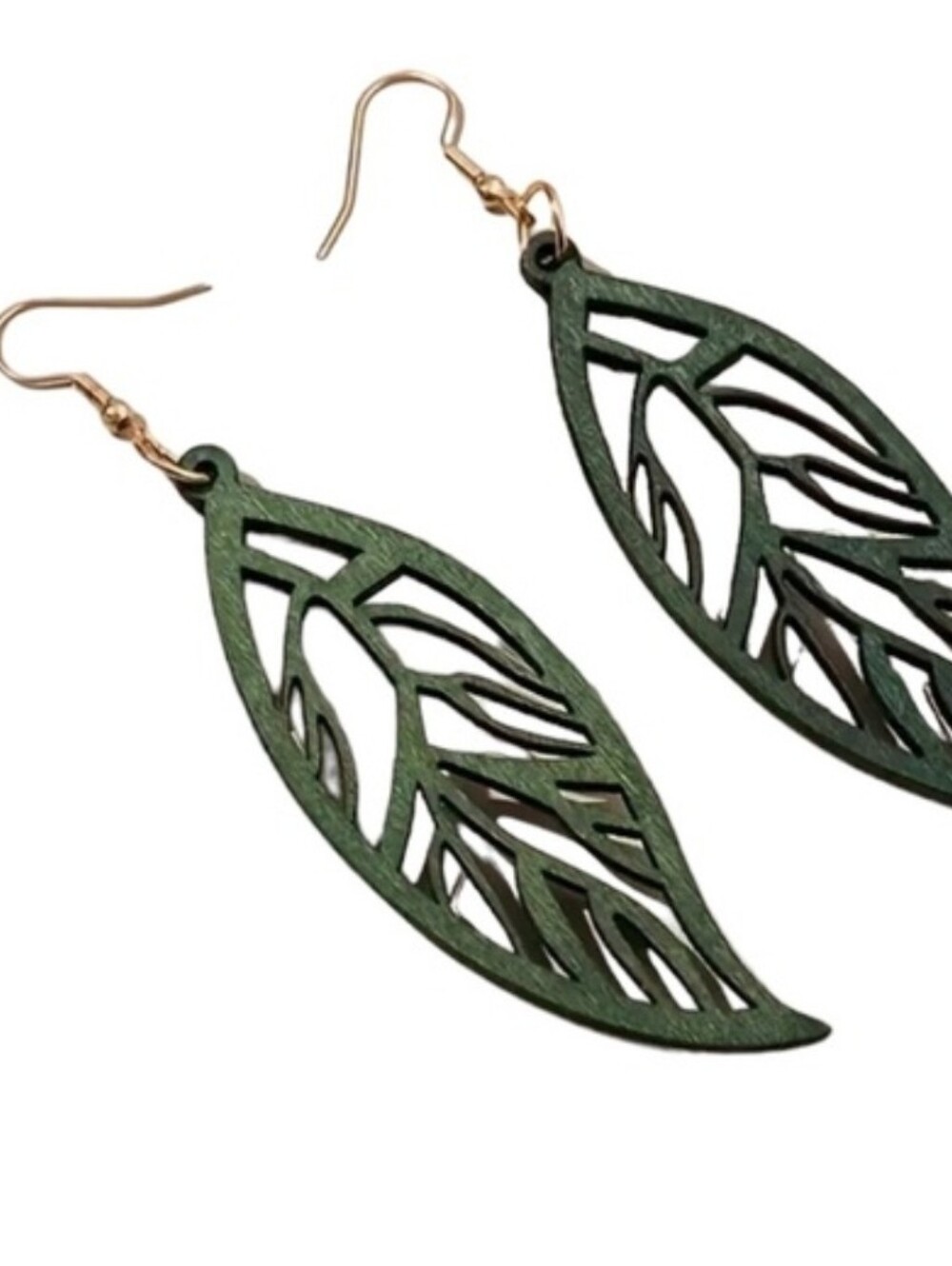 Boho Forest Green Cut Wood Leaf Drop Earrings